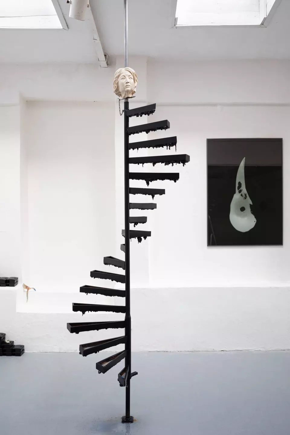 Céline Struger, Moth as in Mother, steel, water, ceramic head, PVC, 340 × 100 × 90 cm