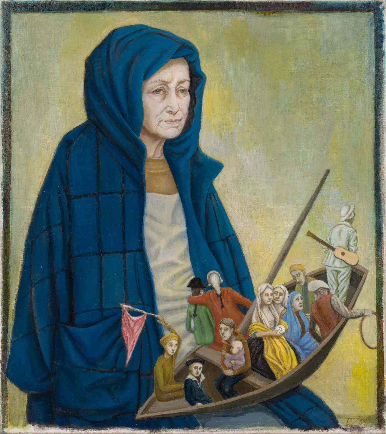 Doris Ziegler, Selbst mit Boot, 2024, egg tempera and oil on canvas, 90 × 80 cm