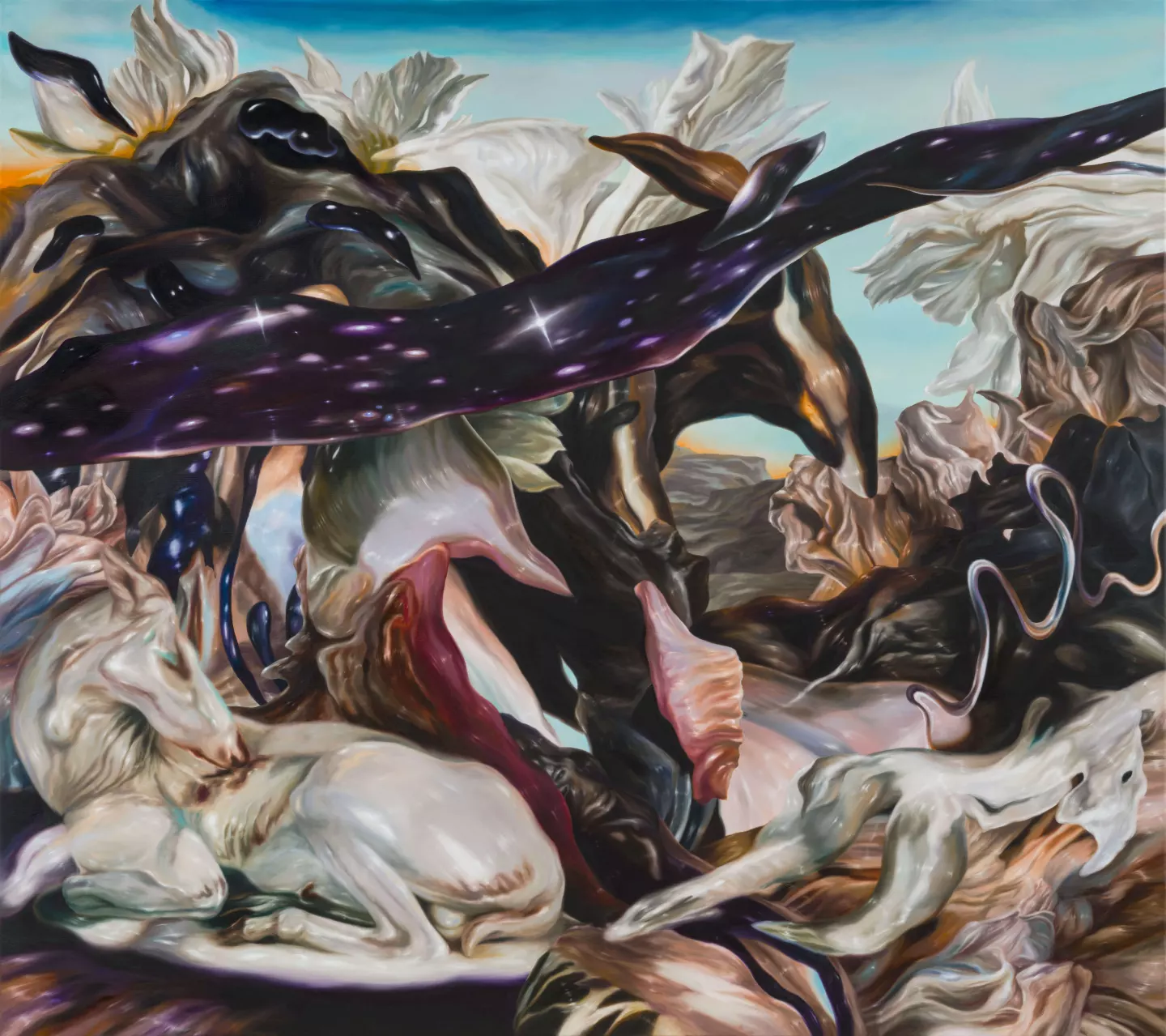 Philippa Brück, Even Wild Beasts Were Moved by His Song, and Trees Followed Him; the Rocks Listened, 2025, oil on canvas, 160 × 180 cm