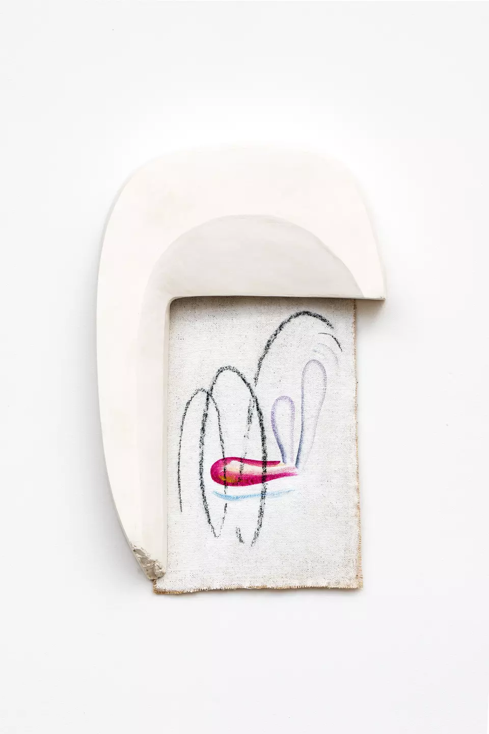 Background Noise (with a Fly), 2021, plaster, burlap, gesso, acrylic, oil, charcoal, 67 x 45 x 9 cm