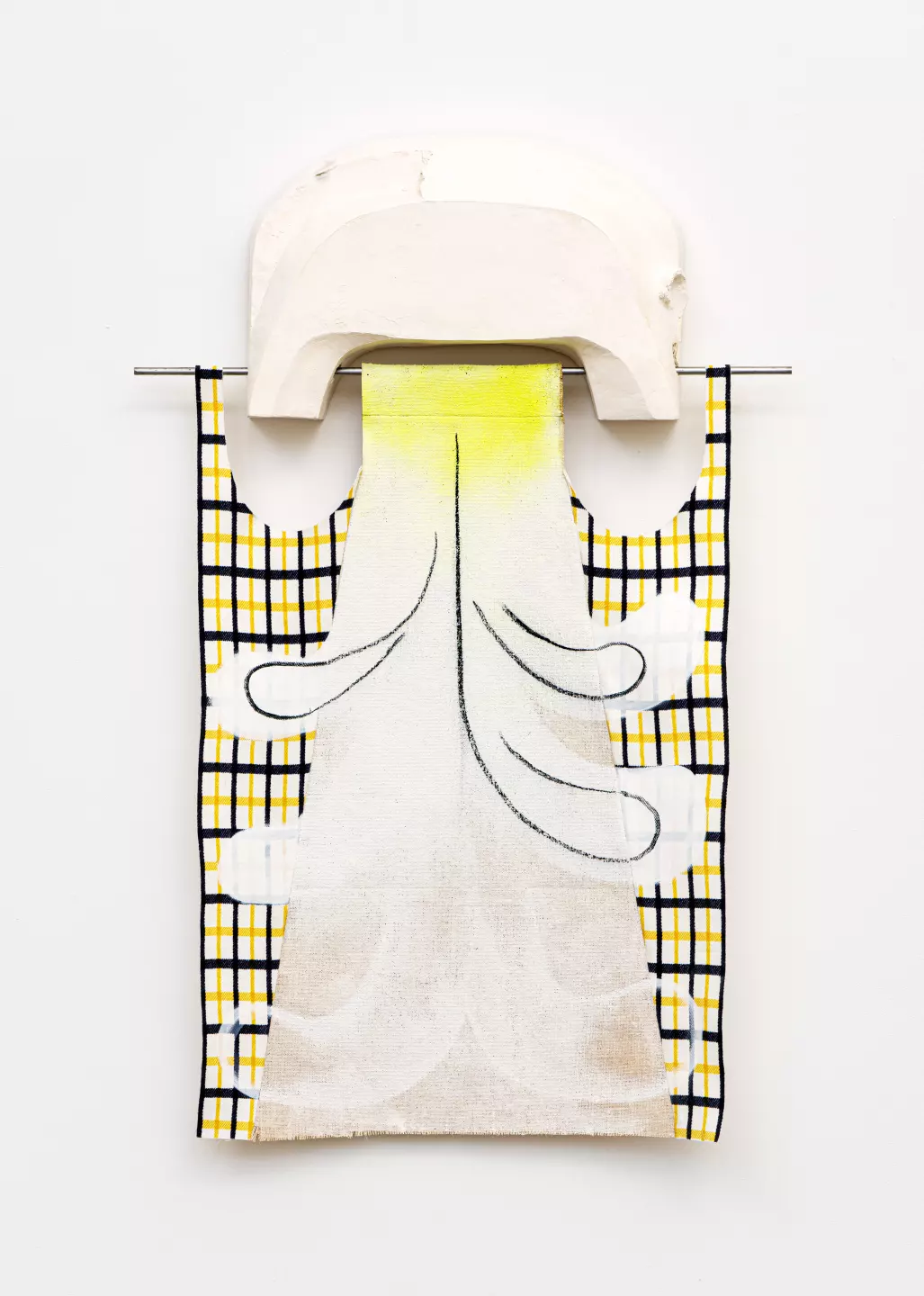 Les langues se liguent dans l’écossais, 2020, plaster, steel, canvas, fabric, acrylic, charcoal, 145 x 95 x 14 cm