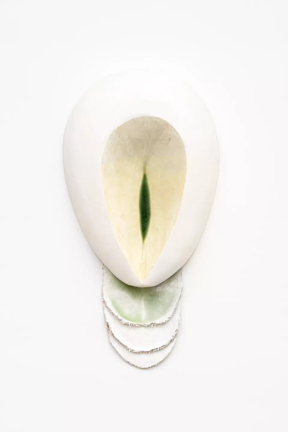 Head Split (in green), 2020, plaster, tow, steel, burlap, resin, pigment, 88 x 45 x 10 cm