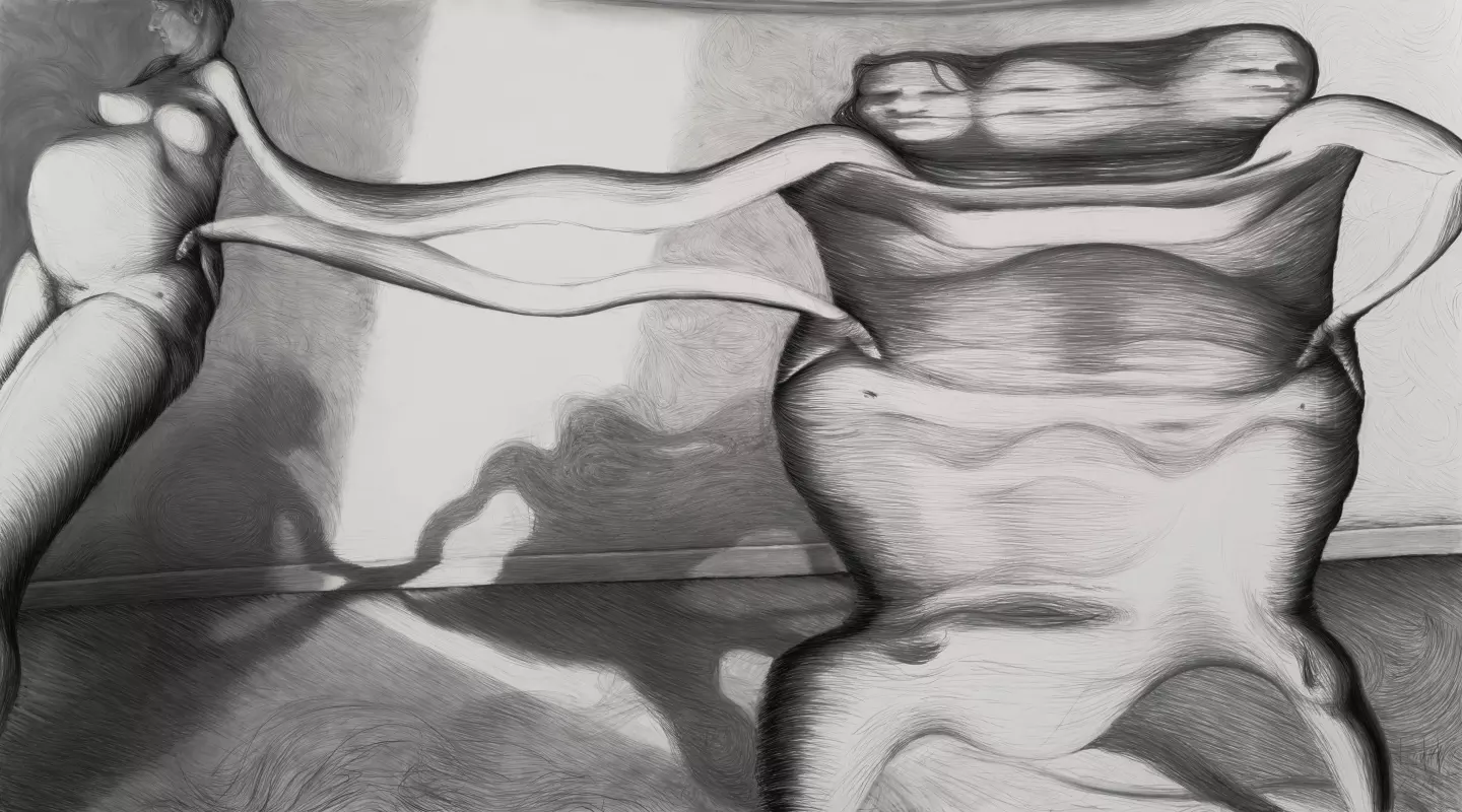 Selbst (anamorph) II, 2024, Charcoal on paper, 152 × 280 cm