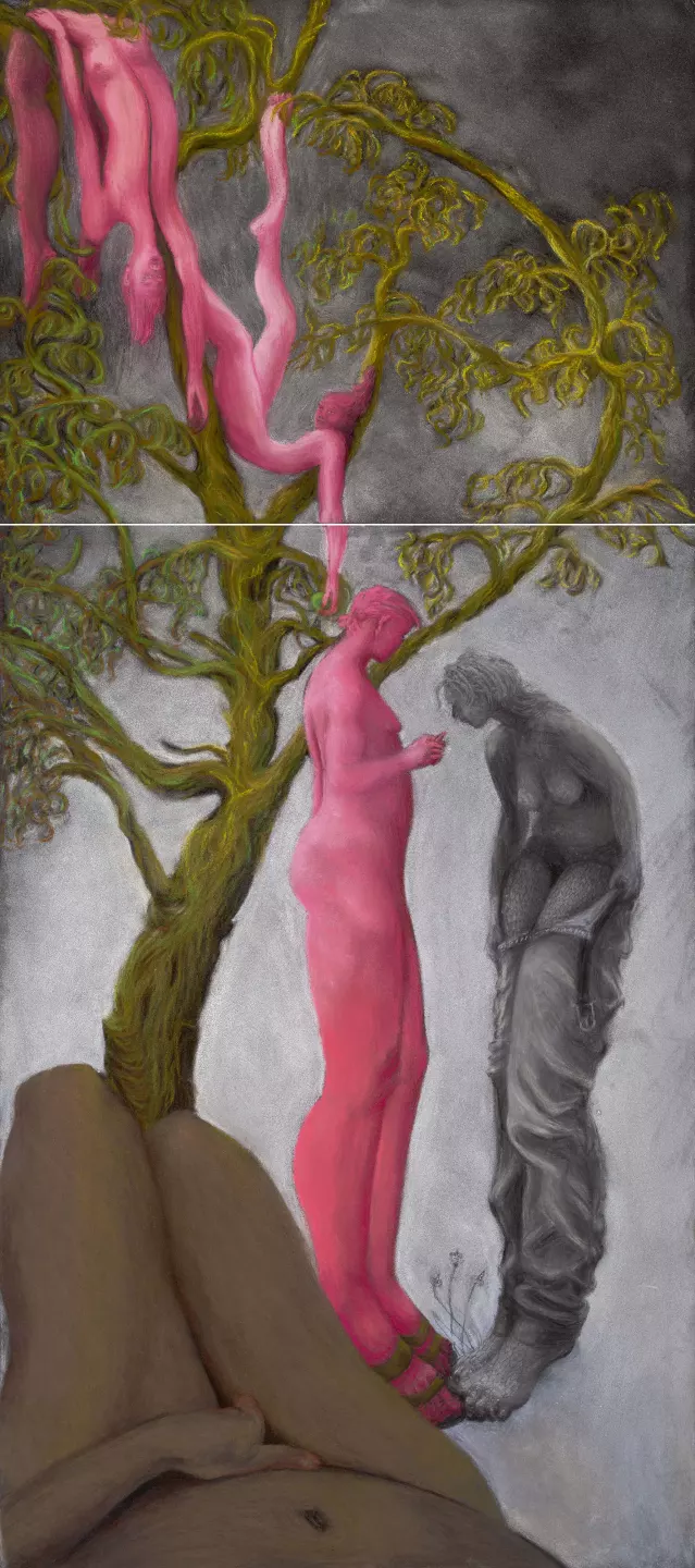Im Uhrzeigersinn, 2024, Pastel on cardboard, 89.2 × 39.5 cm, diptych