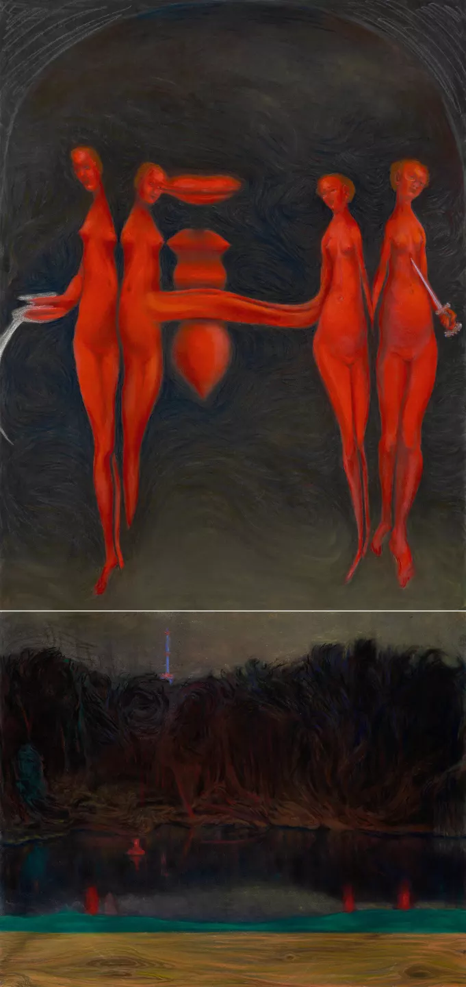 Und über mir rauscht die schöne …, 2024, Pastel on cardboard, 99.5 × 50 cm, diptych