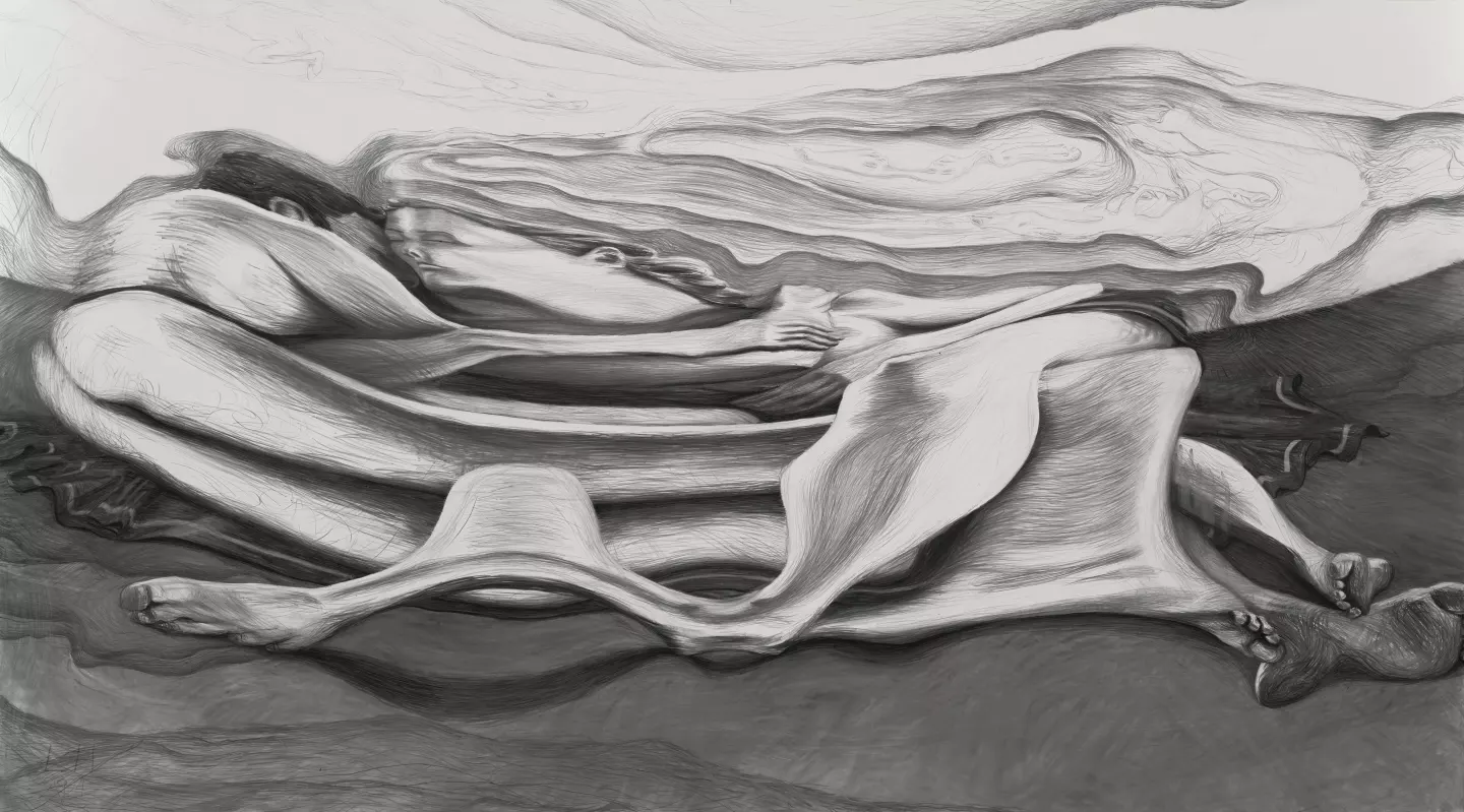 Curled up (anamorphic), 2024, Charcoal on paper, 152 × 280 cm