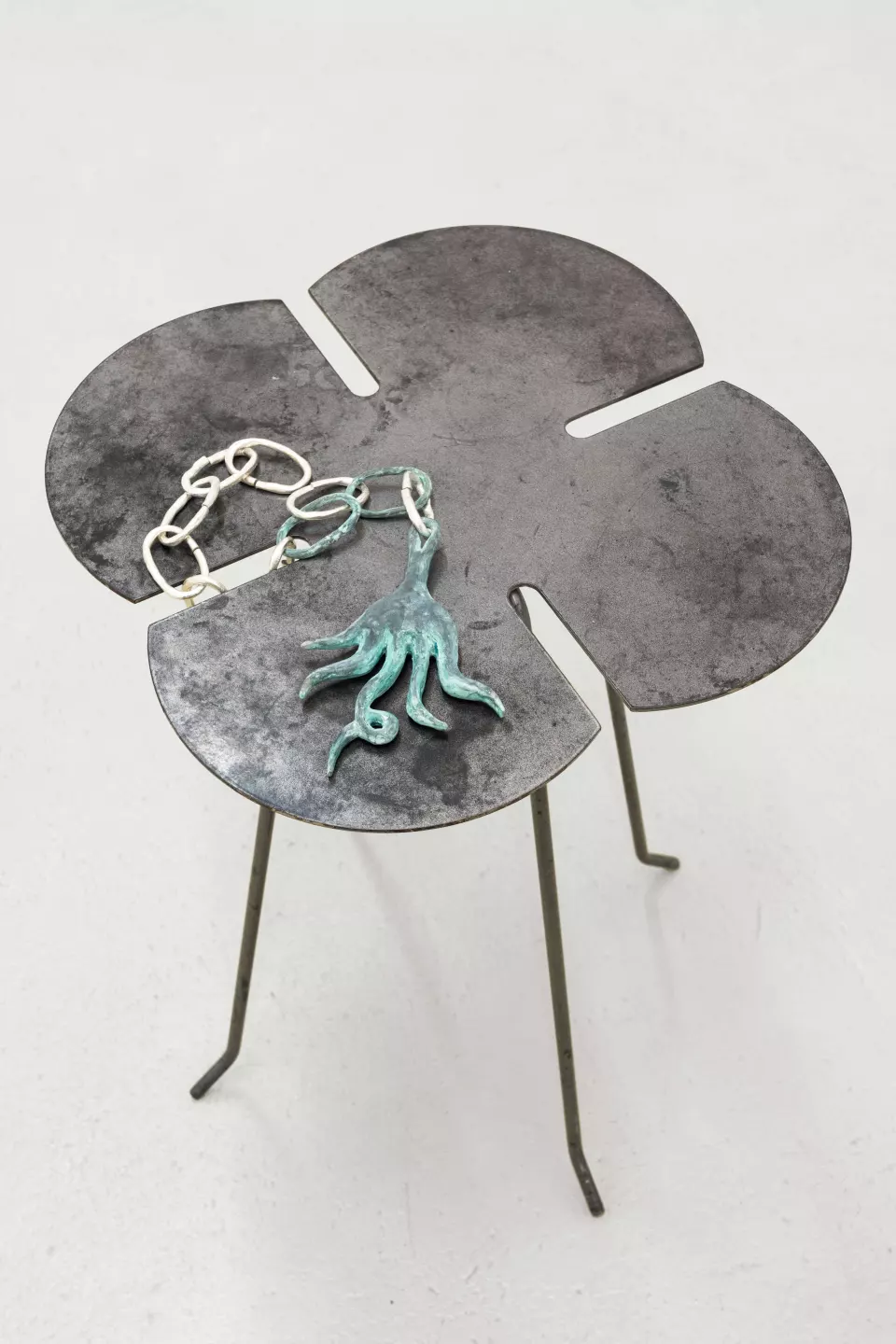 I See / You Mean, 2022, found steel table, patinated bronze, sterling silver, 53 cm x 43 cm x 43 cm