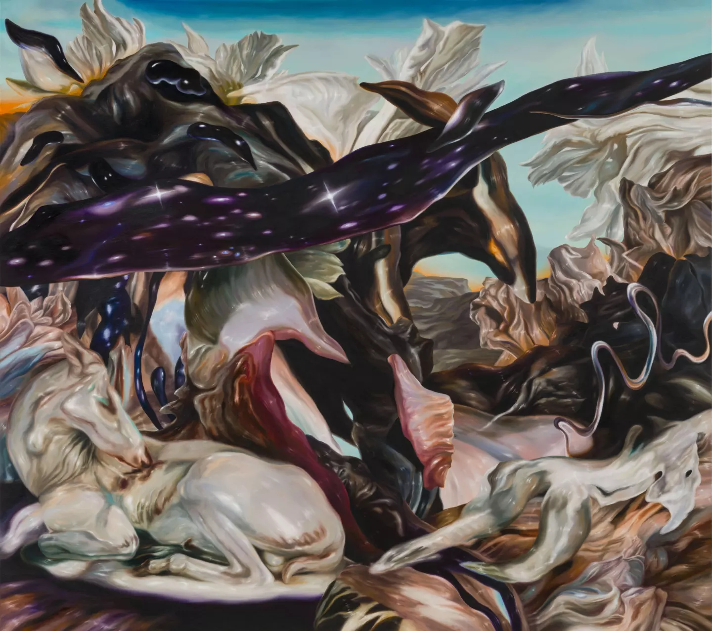 Philippa Brück, Even wild beasts were moved by his song, and the trees followed; the rocks listened, 2025, Oil on canvas, 160 × 180 cm